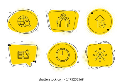 Product knowledge, Energy growing and Networking signs. Chat bubbles. Employees teamwork, Time and Internet search line icons set. Collaboration, Office clock, Web finder. Education process. Vector