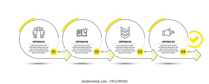 Product knowledge, Friends couple and Shoulder strap line icons set. Timeline process infograph. Click hand sign. Education process, Friendship, Army rank. Direction finger. Business set. Vector