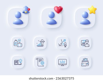 Product knowledge, Money and Carry-on baggage line icons. Placeholder with 3d bell, star, heart. Pack of Winner, Technical documentation, Music making icon. Microphone, Presentation pictogram. Vector