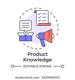 Icono de concepto multicolor de conocimiento de Producto. Posicionamiento en el mercado. Comentarios, Encuesta. Ilustración de línea de forma redonda. Abstractas idea. Diseño gráfico. Fácil de usar en infografía, presentación