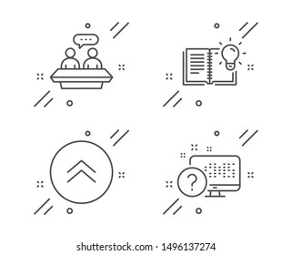 Product knowledge, Swipe up and Employees talk line icons set. Online quiz sign. Education process, Scroll screen, Collaboration. Web support. Science set. Line product knowledge outline icon. Vector