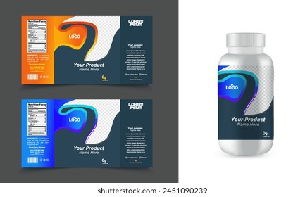 A product label with a colorful gradient background and a white plastic bottle mockup.