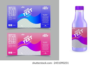 A product label with a colorful gradient background and a white plastic bottle mockup.