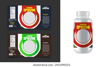 A product label with a colorful gradient background and a white plastic bottle mockup.