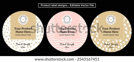 Product label design round shape white pink gold color template hand drawn pattern texture candle beauty spa labels editable vector packaging file print ready design illustration