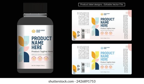 Product label design template, pastel color labels editable vector geometric file for printing, cosmetic packaging design, pharma packaging, jar labels, supplement bottle label design set illustration