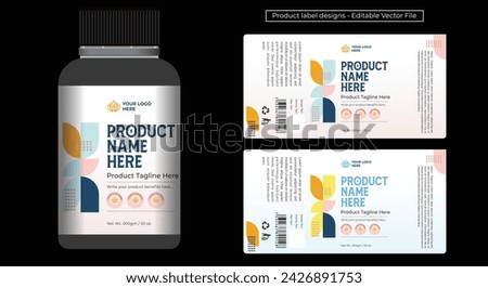 Product label design template, pastel color labels editable vector geometric file for printing, cosmetic packaging design, pharma packaging, jar labels, supplement bottle label design set illustration