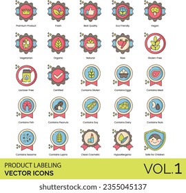 Product Labeling Icons including Alcohol-Free, Antioxidant, Best Before, Best Quality, Biodegradable Packaging, BPA-Free, Caffeine-Free, Certified, Clean Cosmetic, Contains Dairy, Contains Eggs, Fish