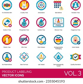 Product Labeling Icons Including Alcohol-Free, Antioxidant, Best Before, Best Quality, Biodegradable Packaging, BPA-Free, Caffeine-Free, Certified, Clean Cosmetic, Contains Dairy, Contains Eggs