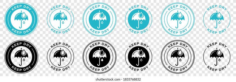 Product labeling - Protect from moisture or keep dry. Umbrella with drops in a round stamp. Information sticker for packaging. Vector illustration