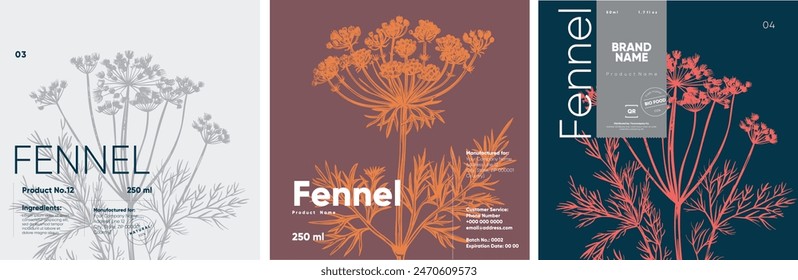 Product labels for a fennel-based product, showcasing botanical illustrations in engraving style with variations in background colors of grey, maroon, and navy.