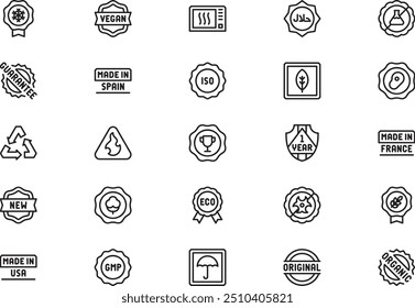 A coleção de ícones de rótulos de produtos é uma ilustração vetorial com traçado editável.