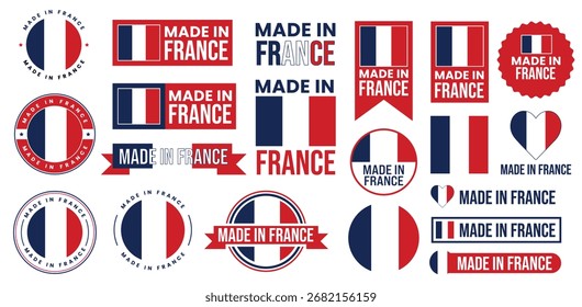 Etiquetas de Producto colección de Vector con una variedad de insignias y pegatinas con bandera francesa y texto Hecho en Francia, que simboliza el origen y la calidad para el embalaje del producto, la marca y los productos de exportación.