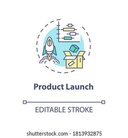 Product launch concept icon. Merchandise production. Corporate device development. Product management idea thin line illustration. Vector isolated outline RGB color drawing. Editable stroke