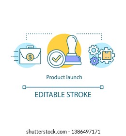 Product launch concept icon. Start new business. Investment, stamp, workflow. Startup foundation. Company registration idea thin line illustration. Vector isolated outline drawing. Editable stroke