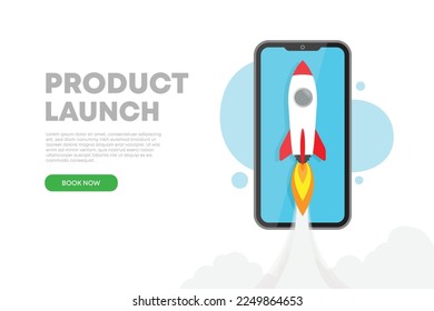 Product launch concept. A rocket takes off from a smartphone useful for landing pages and banners.