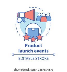 Product launch events concept icon. New product presentation and release thin line illustration. Marketing, advertising. Customer attraction. Promo campaign. Vector isolated drawing. Editable stroke