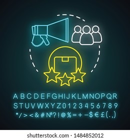 Product launch events neon light concept icon. New product presentation and release idea. Glowing sign with alphabet, numbers. Marketing, advertising. Customer attraction. Vector isolated illustration