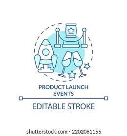 Product launch events turquoise concept icon. Presentation. Corporate promotional abstract idea thin line illustration. Isolated outline drawing. Editable stroke. Arial, Myriad Pro-Bold fonts used