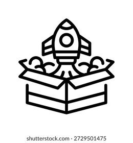 Icono de la línea de lanzamiento del Producto, símbolo de esquema para la Nueva Autorización, inicio de la empresa, presentación de marketing, estreno de innovación y crecimiento empresarial. Icono de signo de Vector.