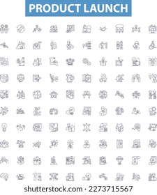 Product launch line icons, signs set. Launch, Product, Introduction, Rollout, Unveiling, Release, Debut, Proclamation, Activation outline vector illustrations.