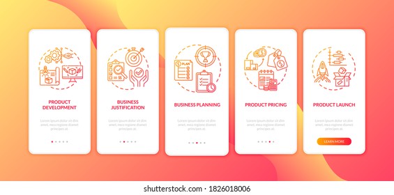 Product launch onboarding mobile app page screen with concepts. Pricing and sales. Business management walkthrough 5 steps graphic instructions. UI vector template with RGB color illustrations