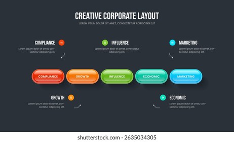 Product Launch Presentation Layout Vector Illustration. Digital Review Five Step Diagram Frame Design. Consulting Plan 5 Element Infographic Slide Template.