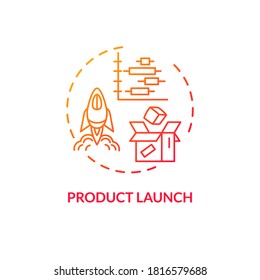 Product launch red gradient concept icon. Merchandise production. Corporate device development. Product management idea thin line illustration. Vector isolated outline RGB color drawing