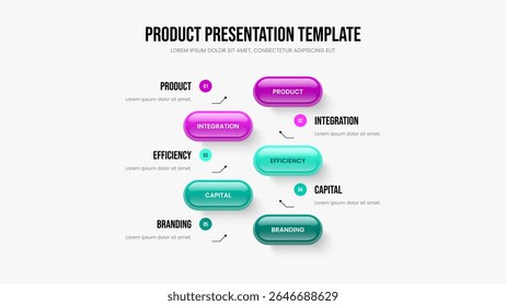Product Launch Slide Template Vector Illustration. Investor Growth 5 Step Diagram Frame Design. Modern Review Five Option Infographic Presentation Layout.