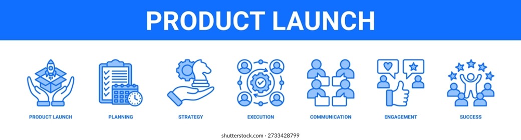 Produkteinführung Web-Banner Symbol Set Kollektion solide Stil.