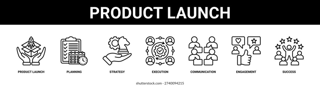 Product Launch web banner icon set collection solid style.