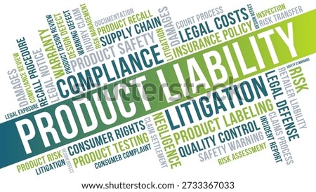 Product liability compliance word cloud design showing product safety litigation risk and insurance policy concepts