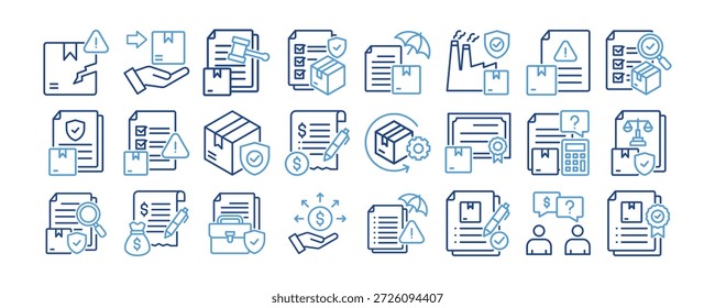 Symbolsammlung für Produkthaftung. Enthaltend Design Produkt, Geschäft, Schutz, Konzept, Haftung