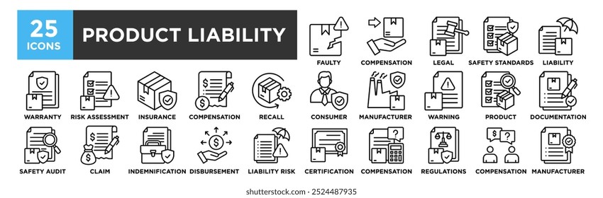Conjunto de colecciones de ícono de responsabilidad del Producto. Diseño que contiene producto, negocio, protección, concepto, responsabilidad