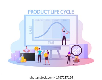 Product Life Cycle Concept. Tiny Characters at Huge Blackboard with Growing and Decline Graph Performing Analytics Statistics. Customers People Buying New Trendy Goods. Cartoon Vector Illustration