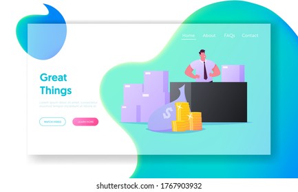 Product Life Cycle Landing Page Template. Retailer Perform New Production to Customers. Businessman Character Stand at Desk with Boxes and Money in Stacks and Bags. Cartoon Vector Illustration