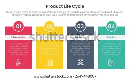 product life cycle stages infographic 4 point stage template with box table with header badge and circle for slide presentation vector