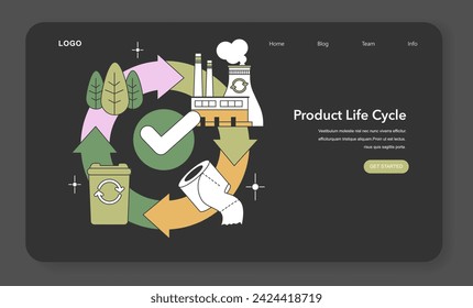 Product Life Cycle visualization. Arrows and checkmark encircle production to recycling, emphasizing sustainable product journeys. Flat vector illustration