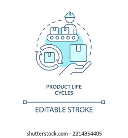 Product life cycles turquoise concept icon. Manufacturing. Financial management issue abstract idea thin line illustration. Isolated outline drawing. Editable stroke. Arial, Myriad Pro-Bold fonts used