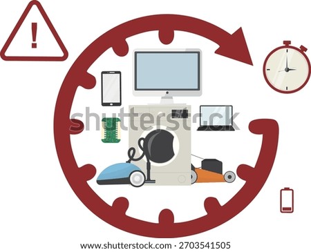 Product Lifecycle Alert with Appliances and Devices in Circular Gear Arrow isolated on white background. Warning for electronic appliance lifespan. Device obsolescence risks. Vector illustration