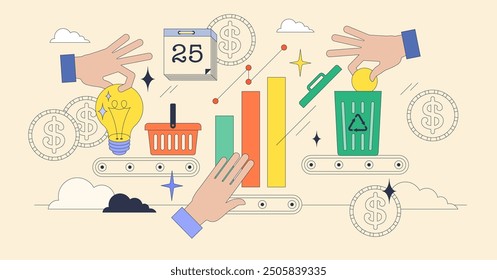 Product lifecycle from idea to disposal phases tiny neubrutalism concept. Life cycle with introduction, growth, maturity and decline stages vector illustration. Manufacturing continuity management.