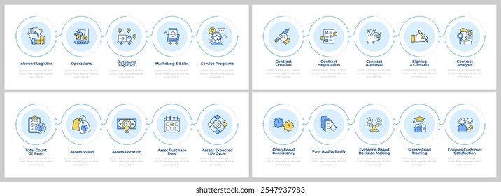 Product lifecycle infographics set. Asset management, customer service. Flow charts infocharts with steps. Editable vector info graphics icons collection