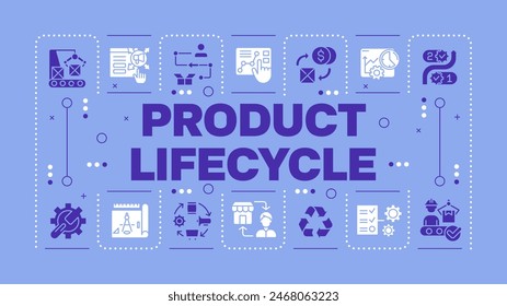 Product lifecycle light purple word concept. Product management. Product design and manufacturing. Visual communication. Vector art with lettering text, editable glyph icons