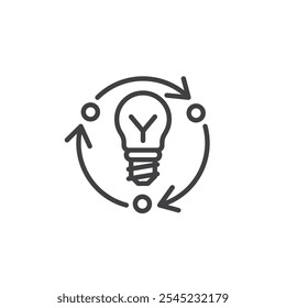 Product Lifecycle line icon. linear style sign for mobile concept and web design. Light bulb with arrows outline vector icon. Product management symbol, logo illustration. Vector graphics