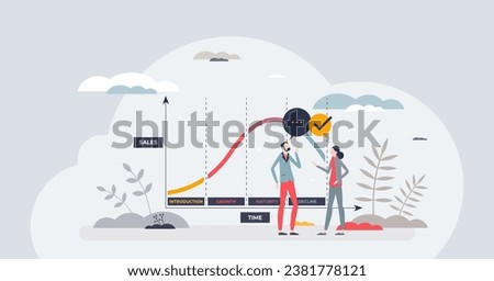 Product lifecycle with product time and sales curve flow tiny person concept. Labeled introduction, growth, maturity and decline stages for commerce organization and planning vector illustration.