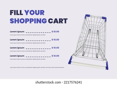 Product list cart. Realistic supermarket trolley top view, online shop mobile app or computer, shopping cart-up add grocery rate capacity basket internet store, vector mockup of supermarket trolley