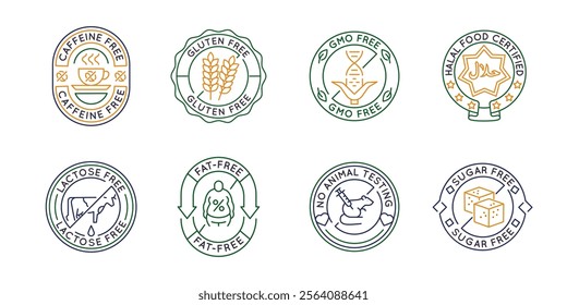 Product logos, labels, icons. A set of 8 product logotypes. Gluten free, sugar free, halal, kosher, lactose free, fat free food. Ideal for health food and product. Vector illustration