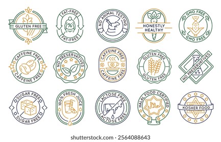 Product logos, labels, icons. A set of 15 product logotypes. Gluten free, sugar free, halal, kosher, lactose free, fat free food. Ideal for health food and product. Vector illustration