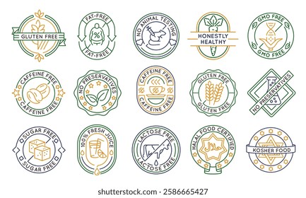 Product logos, labels, icons. A set of 15 product logotypes. Gluten free, sugar free, halal, kosher, lactose free, fat free food. Ideal for health food and product. Vector illustration