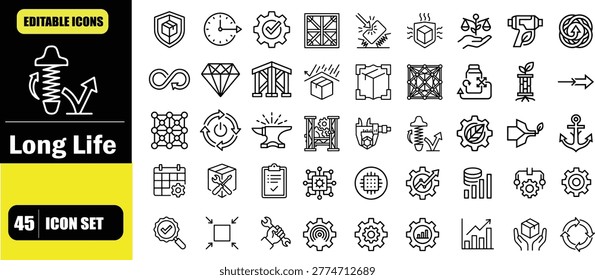 Product Longevity Concept Icon Set
Durable product design with extended lifespan
Sustainable usage and long-term product reliability
